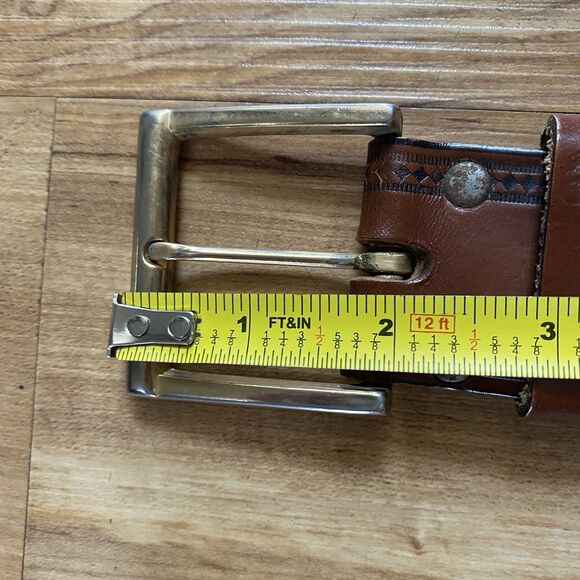 VTG Mens 34 Brown Tooled Leather Western Cowboy Belt Adjustable Gold Buckle Work - Picture 11 of 15